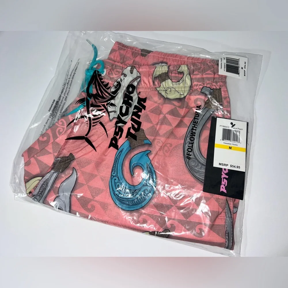 NWT Psycho Tuna Medium Blush Pink Hawaiian Hooks Print Board Shorts Swim‎ Trunks